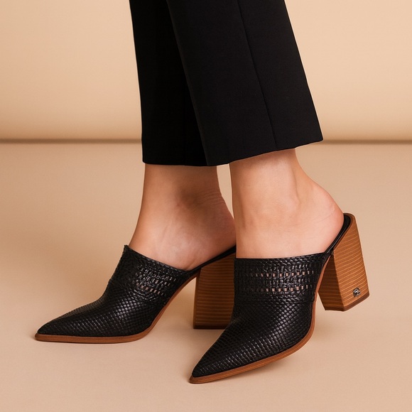 Sam Edelman Lilliana Black Woven Pointed Toe Mules Heels Size 8 Elegant - Picture 1 of 16